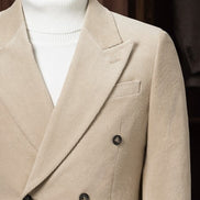 Cream Corduroy  Suit, Double Breasted, Close up of the peak lapels 