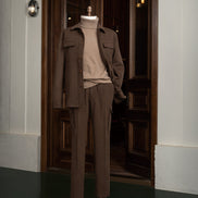 Modern earthy brown jacket for men  with matching tailored chinos. Perfect for high-end formal occasions, crafted sustainably.