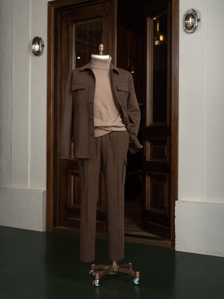 Modern earthy brown jacket for men  with matching tailored chinos. Perfect for high-end formal occasions, crafted sustainably.