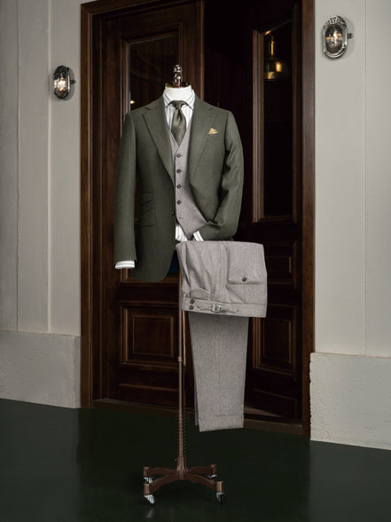 Olive Blazer & Light Grey Trousers